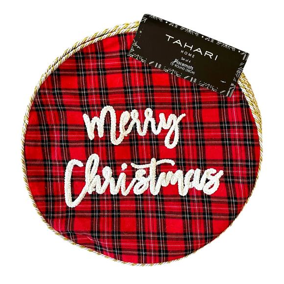 Tahari MERRY CHRISTMAS Red Tartan Plaid Placemats 15in Set of 4 Holiday New - Picture 1 of 10